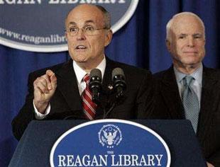Former New York City Mayor Rudy Giuliani speaks at the Ronald Reagan Presidential Library in Simi Valley, California January 30, 2008 where he formally withdrew from the Republican presidential nomination race and endorsed Republican presidential candidate John McCain (R). (Robert Galbraith/Reuters) 