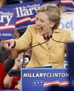 Democratic presidential hopeful Sen. Hillary Rodham Clinton, D-N.Y., points to supporters at her Super Tuesday primary night rally in New York Tuesday, Feb. 5, 2008.(Xinhua Photo)