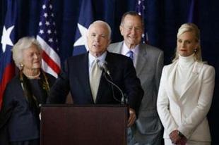Republican presidential candidate Senator John McCain speaks after gaining the endorsement of former U.S. President George Bush who appeared at the campaign event with wife Barbara (L) and McCain's wife Cindy (R) in Houston Feb. 18, 2008.(Xinhua/Reuters File Photo)