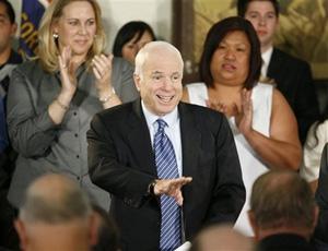 Republican presidential candidate Sen. John McCain, R-Ariz., waves to supporters as he arrives for a campaign stop in Chula Vista, Calif., Monday, March 24, 2008. [Agencies]