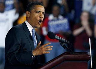 US Democratic presidential candidate Senator Barack Obama (D-IL) speaks to supporters at his North Carolina and Indiana primary election night rally in Raleigh, North Carolina May 6, 2008.(Xinhua/Reuters Photo)
