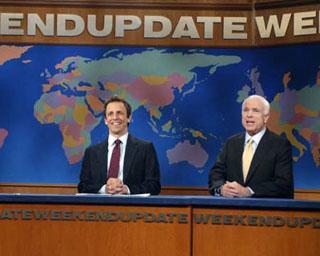 Comedian Seth Meyers (L) and U.S. Republican presidential candidate Senator John McCain appear on the Weekend Update segment of NBC's 