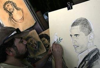 Palestinian artist Walid Ayyub makes the final touches on a portrait for US Democratic presidential candidate Barack Obama at his shop in the West Bank city of Ramallah. Obama stepped into the maelstrom of the Middle East Tuesday, warning the next US president could not just snap his fingers and make peace, as fresh violence rocked the region.(AFP)