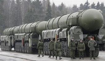 Russian Topol ICBMs missiles seen during a rehearsal for the nation's annual May 9 Victory Day parade earlier this year. Russia has tested an inter-continental missile, reports said, heightening tensions with the West as France warned the European Union could slap sanctions on Moscow over the Georgia conflict.(AFP/File/Dima Korotayev)