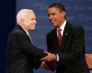 U.S. Republican presidential candidate John McCain (L) and U.S. Democratic presidential candidate Barack Obama meet as they walked onstage during the first U.S. presidential debate at the University of Mississippi in Oxford, Mississippi, September 26, 2008.(Xinhua/Reuters Photo)