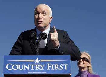 U.S. Republican presidential nominee Senator John McCain (R-AZ) speaks during a rally in Mosinee, Wisconsin October 9, 2008.(Xinhua/Reuters Photo)