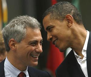 Democratic presidential nominee Senator Barack Obama (D-IL) (R) speaks with Representative Rahm Emanuel (D-IL) during a Chicago 2016 Olympics rally in Chicago in this June 6, 2008 file photo. Emanuel, a member of the Democratic leadership in the House of Representatives, has been offered the job to head President-elect Barack Obama's staff, party sources said. The sources said that the job was offered to Emanuel on November 5, 2008, just hours after Obama was elected, and Emanuel was expected to quickly accept the post of White House chief of staff.(Xinhua/Reuters Photo, file)