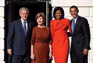 L-R: US President George W. Bush, First Lady Laura Bush, Michelle Obama and president-elect Barack Obama stand outside the Diplomatic entrance of the White House in Washington. Obama, gearing up for his historic January 20 swearing-in, held his first face-to-face talks with Bush on Monday and got his first look at the Oval Office.(AFP/Tim Sloan)