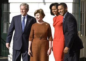 L-R: U.S. President George W. Bush, First Lady Laura Bush, Michelle Obama and president-elect Barack Obama stand outside the Diplomatic entrance of the White House in Washington. Obama, gearing up for his historic January 20 swearing-in, held his first face-to-face talks with Bush on Monday and got his first look at the Oval Office.(Xinhua/Reuters Photo)