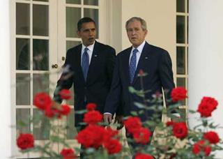 President George W. Bush walks with President-elect Barack Obama at the White House in Washington Nov. 10, 2008.(Xinhua/Reuters Photo)