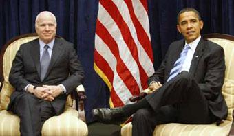 U.S. President-elect Barack Obama and Senator John McCain (R-AZ) during a meeting in Obama's transition office in Chicago, November 17, 2008.(Xinhua/Reuters Photo)