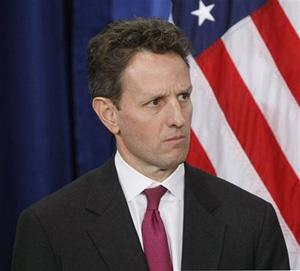 Treasury Secretary-designate Timothy Geithner, during a new conference by President-elect Barack Obama, announcing members of Obama's economic team, Monday, Nov. 24, 2008, in Chicago.(AP Photo/Pablo Martinez Monsivais)