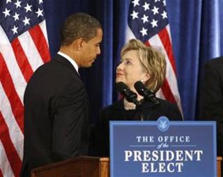 President-elect Barack Obama announces that Sen. Hillary Clinton will be his choice for Secretary of State during a news conference in Chicago December 1, 2008.(John Gress/Reuters)