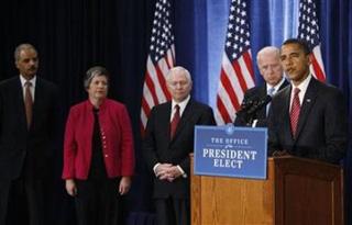 President-elect Barack Obama stands with his national security team nominees Eric Holder (Attorney General), Arizona Governor Janet Napolitano (Homeland Security), Robert Gates (continuing as Secretary of Defense) and Vice President-elect Joe Biden during a news conference in Chicago, December 1, 2008.(John Gress/Reuters)