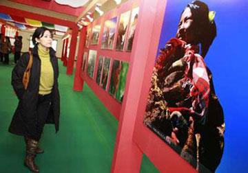 A woman watches photos during the Auspicious Hada, Tibetan Culture and Art Exhibition in Shanghai Dec. 13, 2008. The exhibition featuring Tibetan culture, art, religion and scenery, started a two-year nationwide tour on Saturday.(Xinhua Photo)