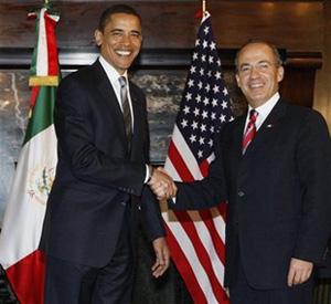 President-elect Barack Obama meets with Mexico's President Felipe Calderon in Washington, Monday, Jan. 12, 2009. (AP Photo/Charles Dharapak)