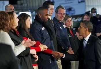 U.S. President-elect Barack Obama greets factory workers at Cardinal Fasteners in Bedford Heights, Ohio, January 16, 2009.REUTERS/Jim Young (UNITED STATES)