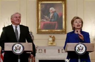 U.S. Secretary of State Hillary Clinton (R) speaks during joint remarks with Germany's Foreign Minister Frank-Walter Steinmeier at the State Department in Washington February 3, 2009. REUTERS/Jason Reed