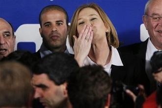 Israel's Foreign Minister and Kadima Party leader Tzipi Livni reacts after addressing supporters at her last election campaign rally in Tel Aviv, Israel, Sunday Feb. 8, 2009.(AP Photo/Peter Dejong)