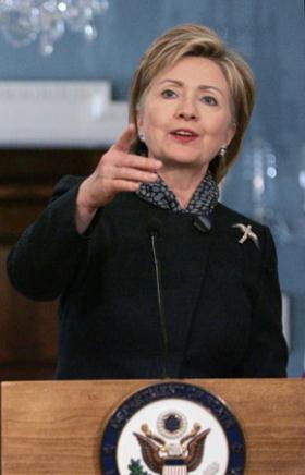 US Secretary of State Hillary Clinton gestures during a news conference with French Foreign Affairs Minister Bernard Kouchner at the State Department in Washington, February 5, 2009. [Agencies]