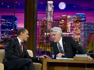 U.S. President Barack Obama joins Jay Leno before appearing on the NBC late night comedy show, "The Tonight Show with Jay Leno," in Burbank, California, March 19, 2009. (Xinhua/Reuters Photo)
