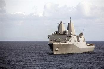 Amphibious transport dock USS New Orleans (LPD 18) performing plane guard duty during flight operations in the Pacific Ocean. A US Navy submarine and a US amphibious vessel collided in the Strait of Hormuz slightly injuring 15 sailors and creating a fuel spill of around 25,000 gallons, the US Navy said.(AFP/File/Lt. J.G Jared Apollo Burgamy)