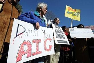 Protesters gather outside the headquarters of AIG Financial Products in Wilton, Connecticut.(AFP/Stan Honda)
