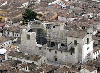 An aerial view of Santa Maria Paganica church in L'Aquila, central Italy, on Tuesday, April 7, 2009, a day after a powerful earthquake struck the Abruzzo region.(AP Photo/Alessandra Tarantino)